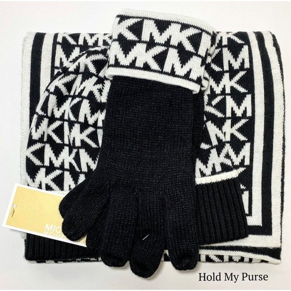 Michael Kors Black & White Scarf, Hat, Gloves Gift Set - Picture 1 of 6